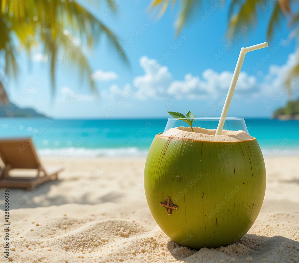 A refreshing coconut water served in a freshly cut green coconut, with a straw inserted. The coconut is placed on a sandy beach table, with a tropical ocean view in the background and palm trees. A refreshing coconut water served in a freshly cut green coconut, with a straw inserted. The coconut is placed on a sandy beach table, with a tropical ocean view in the background and palm trees.