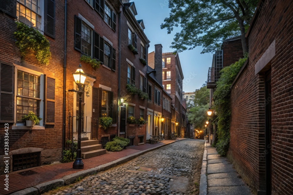 Street view of Beacon Hill neighborhood in Boston at dusk, twilight, cobblestone, old town Street view of Beacon Hill neighborhood in Boston at dusk, twilight, cobblestone, old town