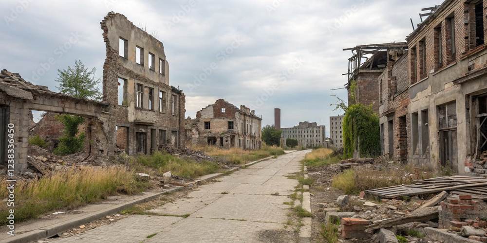 Fototapeta premium Devastating Urban Ruins Featuring Destroyed Houses for Documentary Purposes