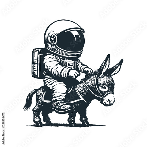 Cute astronaut ride a donkey . Black white vector. Icon and logo illustration.	