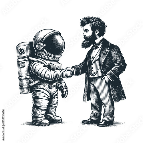 Cute astronaut shake hand agreement with victorian business person. Black white vector icon and logo illustration.	