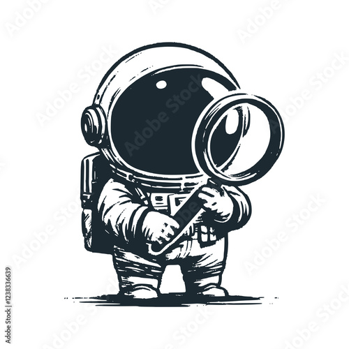 Cute astronaut holding magnifying glass. Black white vector. Icon and logo illustration.	