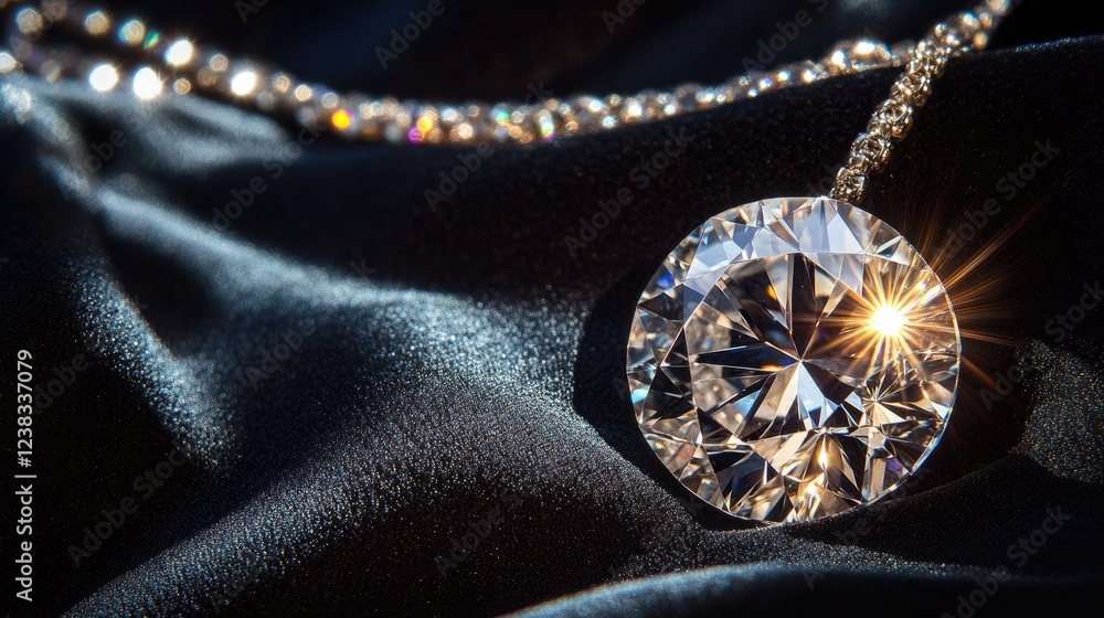 Fototapeta premium A vintage necklace with a large diamond centerpiece, placed on a dark velvet cloth, the light reflecting off the diamond's facets