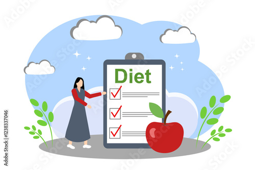 The concept of proper nutrition, diet and a healthy lifestyle. A woman stands next to a list of recommendations for proper nutrition