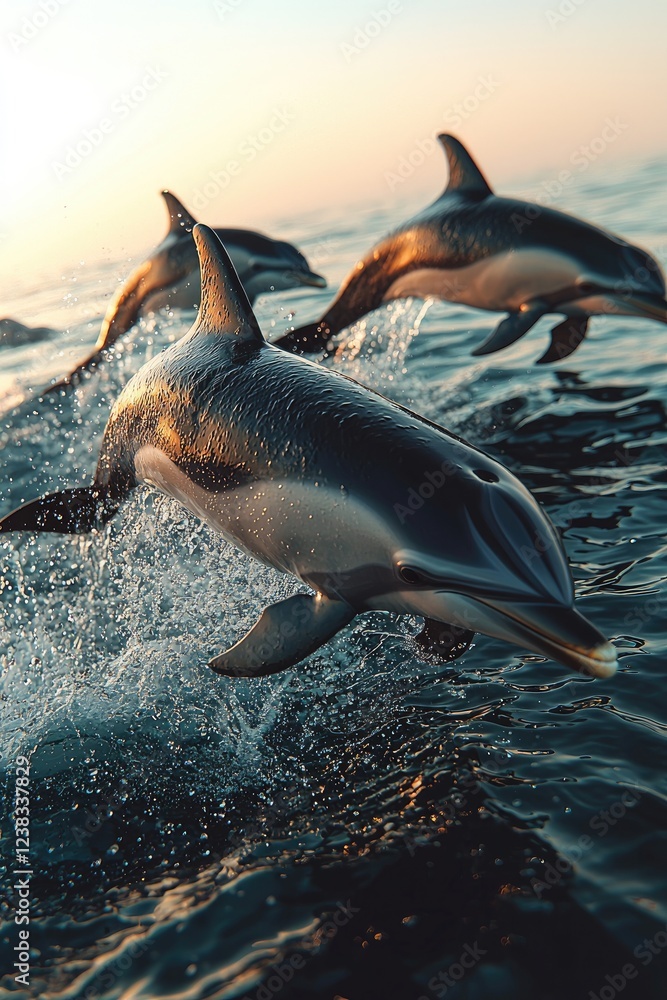 Fototapeta premium Dolphins leaping joyfully in ocean sunset glow