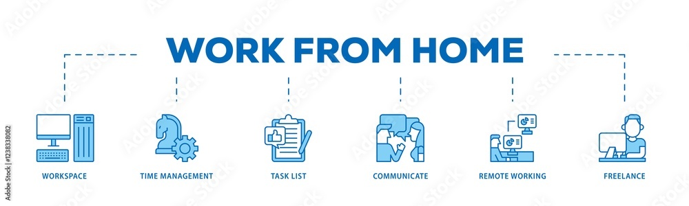 Work from home infographic icons flow process which consists of workspace, time management, task list, communicate, remote working and freelance icon live stroke and easy to edit . Work from home infographic icons flow process which consists of workspace, time management, task list, communicate, remote working and freelance icon live stroke and easy to edit .