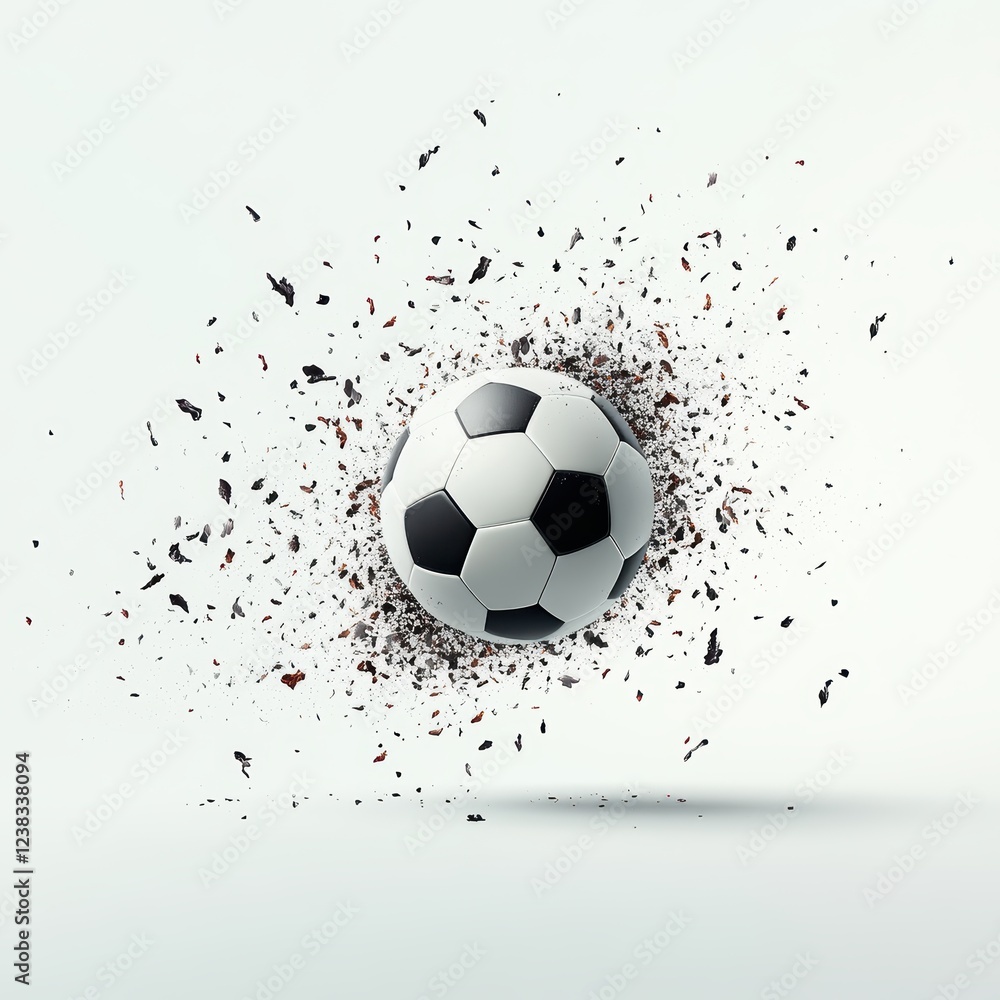Fototapeta premium Dynamic soccer ball bursting through debris.