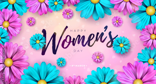 8 March. Happy Women's Day Floral Illustration. International Womens Day Vector Design with Colorful Spring Flower and Typography Lettering on Light Pink Background. Woman or Mother Day Theme Template