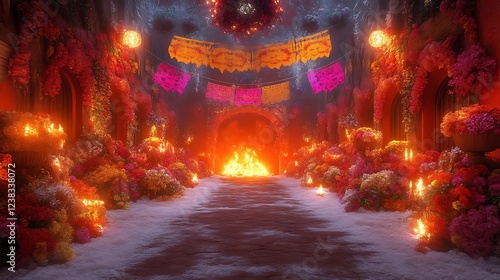 Festive Floral Pathway Illuminated By Fire And Lights photo