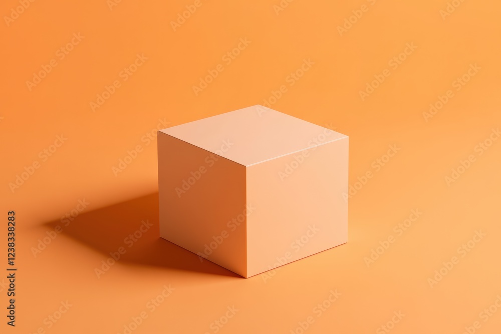 Fototapeta premium Clean Minimalist Peach Cube on Orange Background, Simple Geometric Shape, Product Display Mockup.