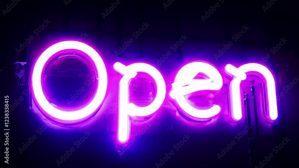 A glowing Open neon sign for a retail store, brightly illuminated in the night. The retro design enhances its vibrancy on a black backdrop, making it a noticeable and attractive feature. Generative AI A glowing Open neon sign for a retail store, brightly illuminated in the night. The retro design enhances its vibrancy on a black backdrop, making it a noticeable and attractive feature. Generative AI