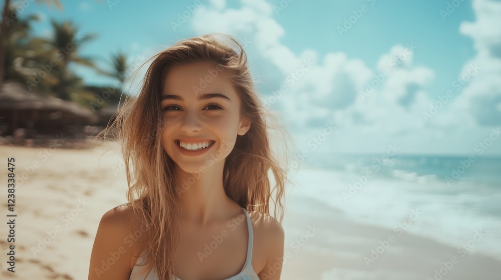 Smiling young woman enjoying a sunny day at the beach Smiling young woman enjoying a sunny day at the beach