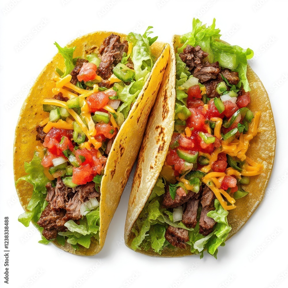 Two Tacos Side-by-Side Isolated on White Background with Fresh Ingredients Visible Two Tacos Side-by-Side Isolated on White Background with Fresh Ingredients Visible