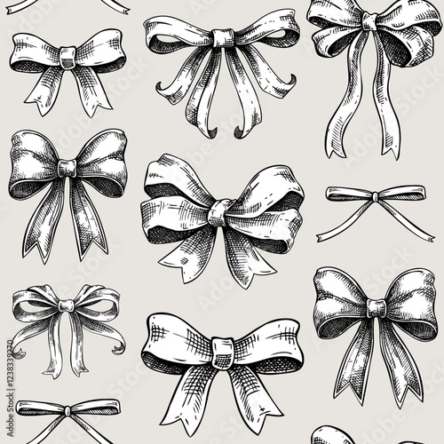 Rococo background. Coquette bow sketches. Victorian seamless pattern. Vintage baroque ribbons. Hand-drawn vector illustrations. NOT AI generated