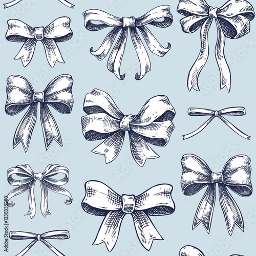 Rococo background. Coquette bow sketches. Victorian seamless pattern. Vintage baroque ribbons. Hand-drawn vector illustrations. NOT AI generated
