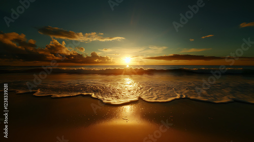 Stunning sunset over a tranquil beach with gentle waves and a golden shoreline. photo