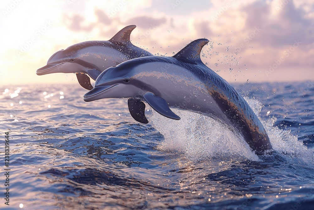 Fototapeta premium Two Dolphins Leap Joyfully Through Ocean Waves at Sunset