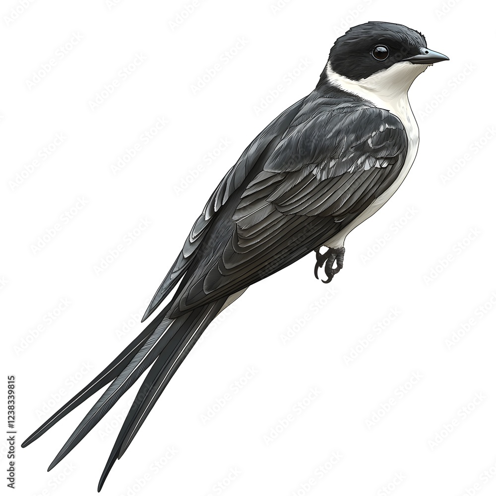 Naklejka premium Photorealistic swallow bird isolated on a white background, full-body shot, PNG stock illustration with a simple minimalist style, high resolution, no shadows, and sharp focus.