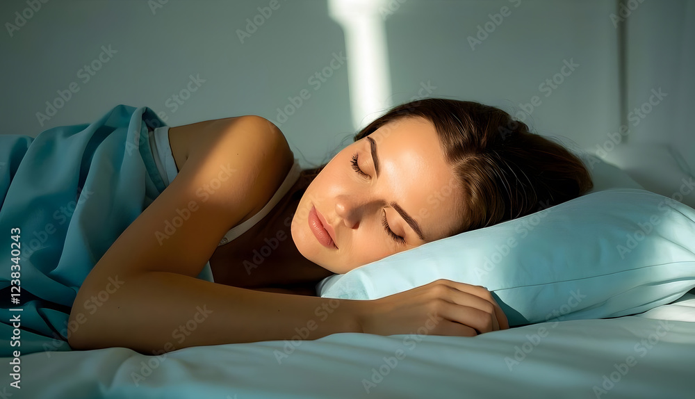 woman sleeping in bed, head on foam pillow. Healthy sleep, 300dpi woman sleeping in bed, head on foam pillow. Healthy sleep, 300dpi