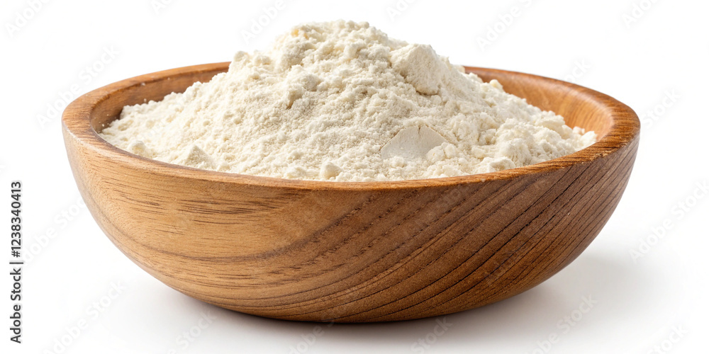 A Rustic Image of Flour in a Wooden Bowl Isolated on a White Background for Baking A Rustic Image of Flour in a Wooden Bowl Isolated on a White Background for Baking