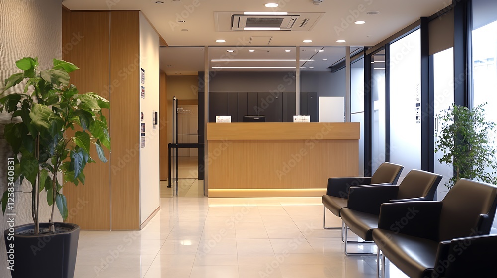 Modern office reception area with waiting chairs and plants. Modern office reception area with waiting chairs and plants.