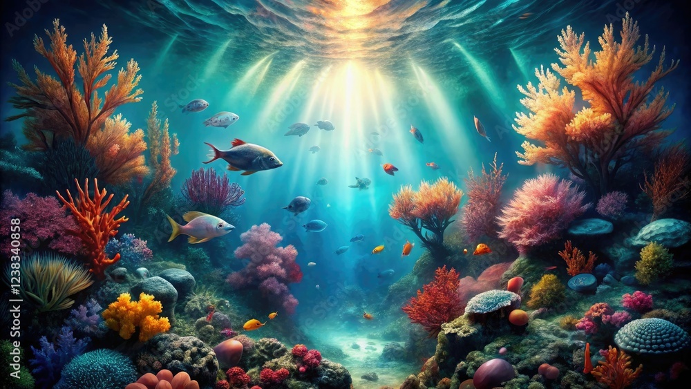 Obraz premium Stylized depiction of a mystical underwater world with glowing coral, schools of fish, and seaweed, coral, fish