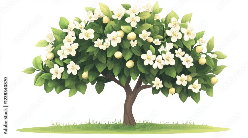 Fototapeta premium Vibrant Lemon Tree with Blossoms and Bright Fruit on White Background