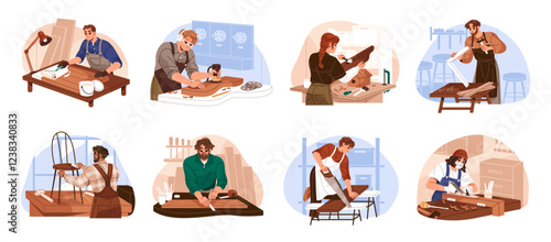 Carpentry, joinery set. Carpenters work with wood in workshop. Woodwork makers carve, processing timber with hand tools. Joiners make wooden furniture. Flat isolated vector illustrations on white