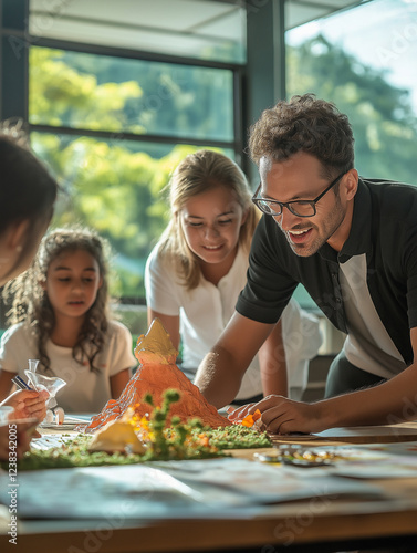 A man and three children are working on a project together