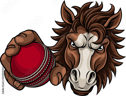 Horse mustang bronco stallion cricket angry sports team mascot holding a ball.