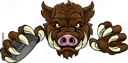 A wild boar, hog razorback warthog pig hockey sports cartoon mascot