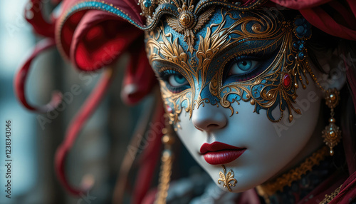 Venetian carnival mask, Portrait of beautiful woman with masquerade carnival mask on her face.