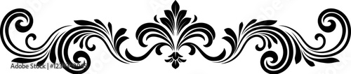 A filigree heraldic crest calligraphic motif, floral pattern horizontal divider design element. Original design in a vintage style.