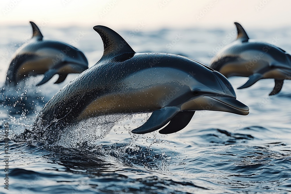 Obraz premium Three Dolphins Leaping Gracefully Through Ocean Waves