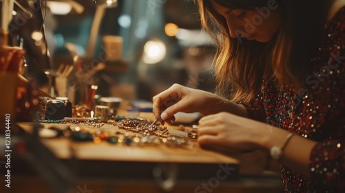 Crafting Jewelry with Care: A Close-Up of an Artisan at Work with Colorful Beads and Tools