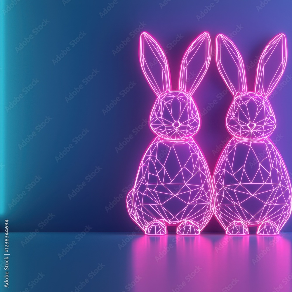 Glowing Neon Easter Background concept. Neon wireframe rabbits against a vibrant background Glowing Neon Easter Background concept. Neon wireframe rabbits against a vibrant background