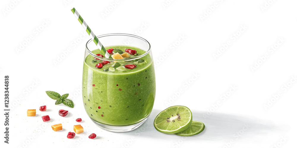 A Delicious Green Smoothie in a Glass with a Straw for Refreshing Nutrition A Delicious Green Smoothie in a Glass with a Straw for Refreshing Nutrition