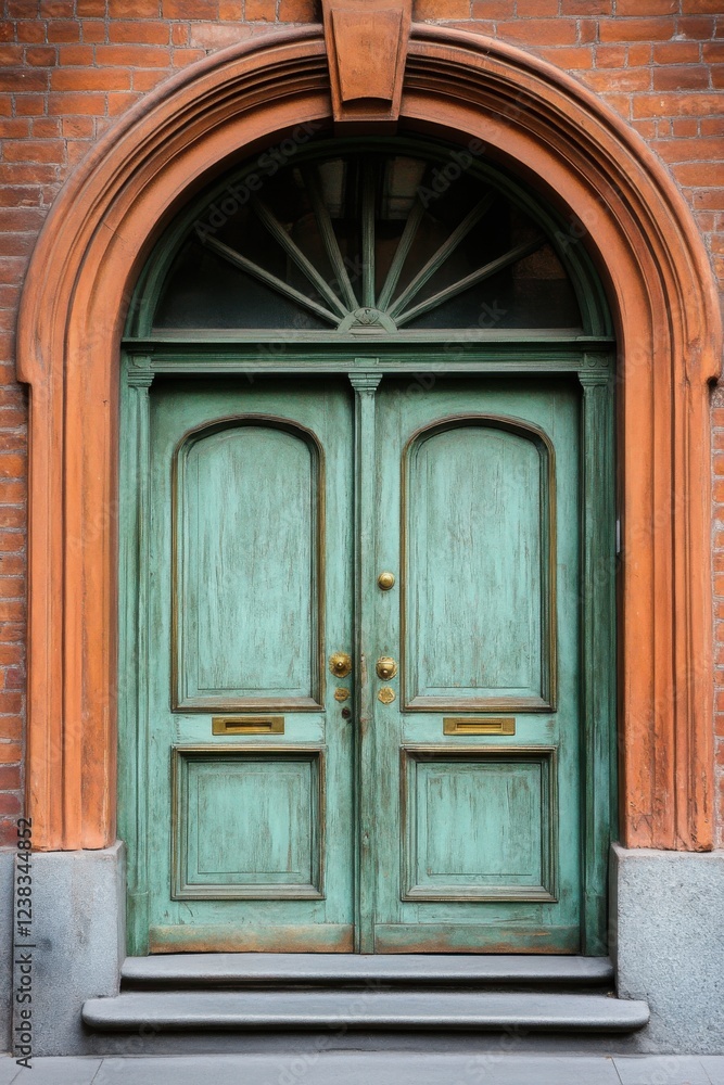 Beautifully weathered double doors with an elegant arch and intricate design, showcasing historical architecture in a charming urban setting Beautifully weathered double doors with an elegant arch and intricate design, showcasing historical architecture in a charming urban setting