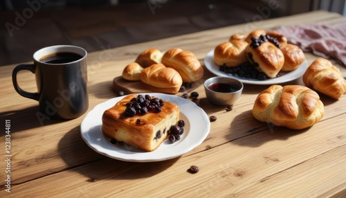 Sunlit breakfast table with a cup of black coffee and pain aux raisins on a wooden surface, kitchen, table photo