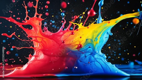 Vibrant paint explosion from a paintbrush, a splash of color and energy.