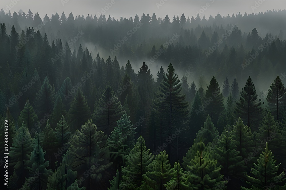 Fototapeta premium Panoramic view of majestic evergreen pine forest in a fog. Ancient tree silhouettes close-up. Generative AI