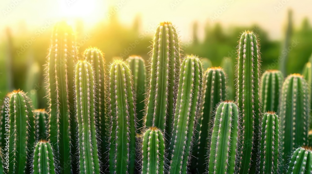Cactus garden nature idea. A vibrant display of tall cacti illuminated by warm sunlight in a desert setting. Cactus garden nature idea. A vibrant display of tall cacti illuminated by warm sunlight in a desert setting.