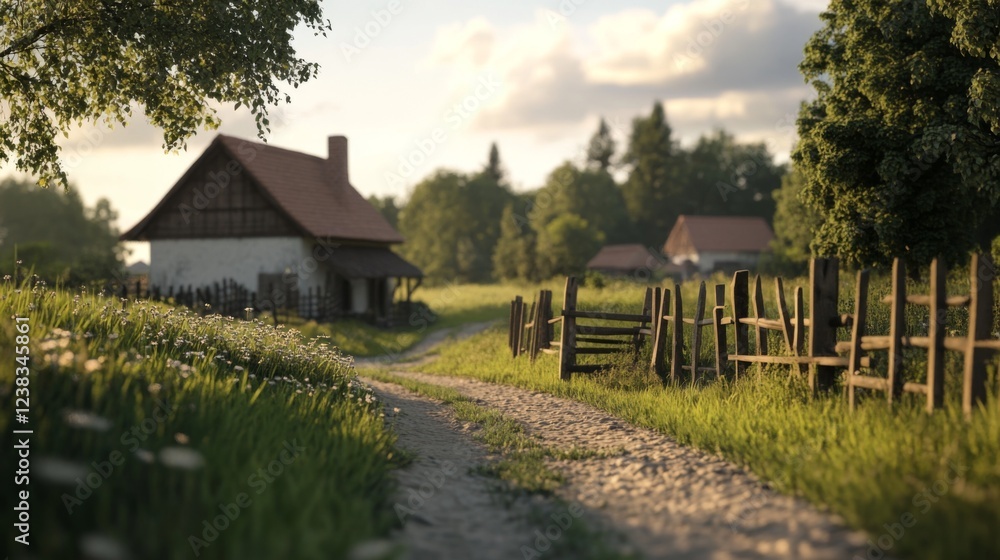Fototapeta premium Rural Path Sunset Village Countryside Idyllic Scene