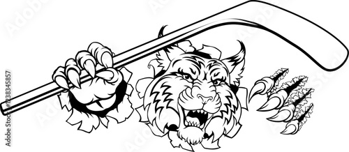A wildcat or bobcat ice hockey team cartoon animal sports mascot