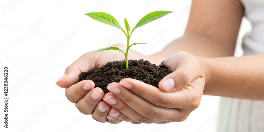 Hands Cradling a Young Plant Sprout Isolated for Promoting Environmental Awareness Hands Cradling a Young Plant Sprout Isolated for Promoting Environmental Awareness