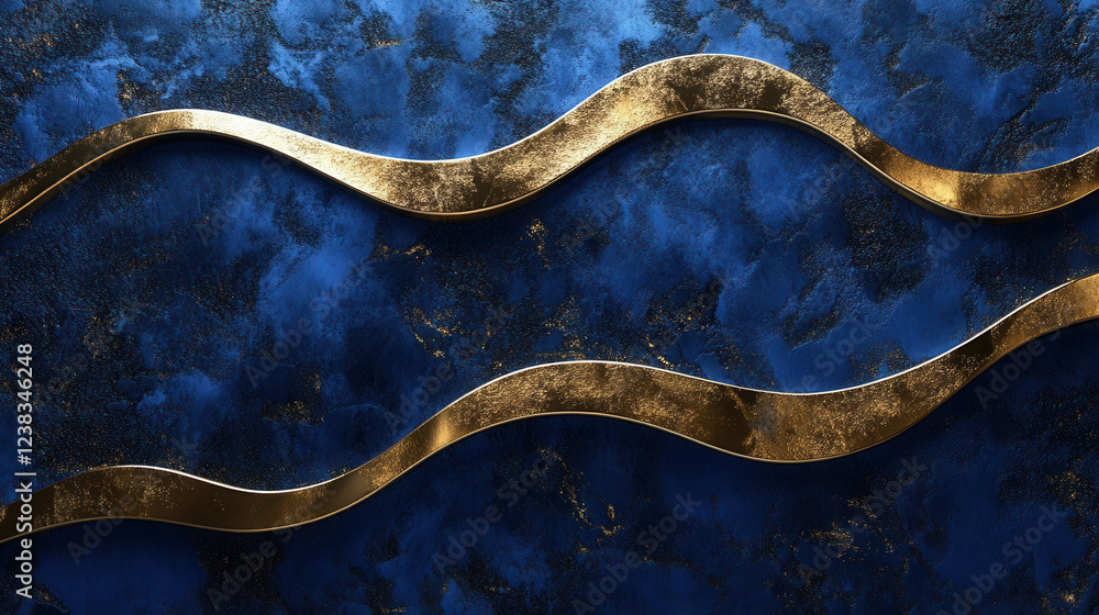 A sophisticated background design featuring a deep sapphire blue textured surface, elegantly intersected by smooth, flowing golden arcs with a refined metallic sheen