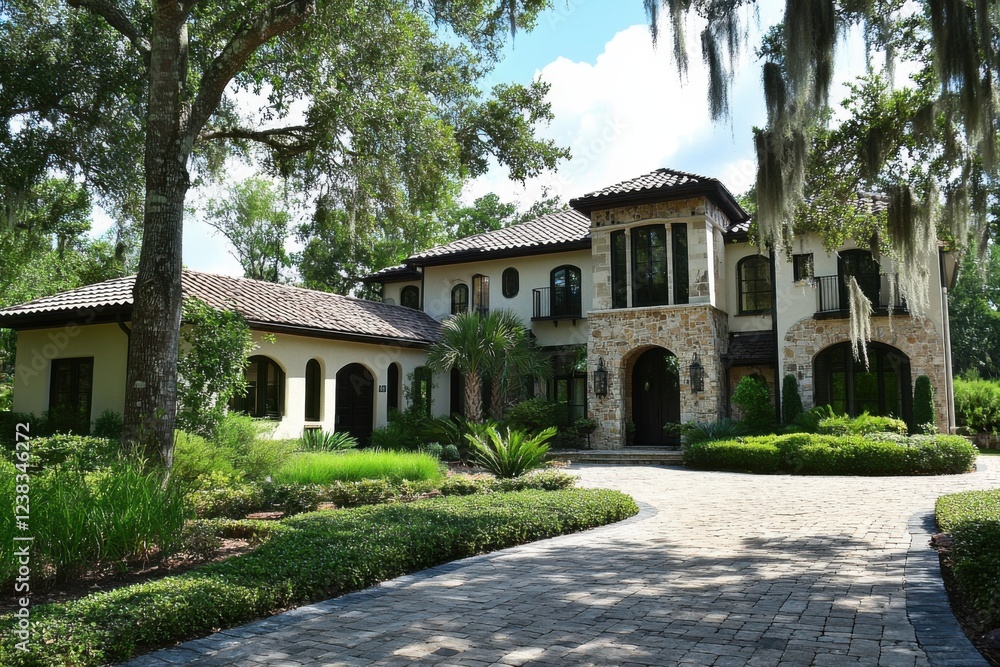 Fototapeta premium Discover a stunning, custom-built Mediterranean-style residence nestled amidst lush greenery in a serene and picturesque suburban neighborhood