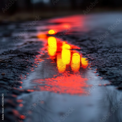 A serene landscape with reflections of light glimmering on wet asphalt, creating a calming and atmospheric scene. photo