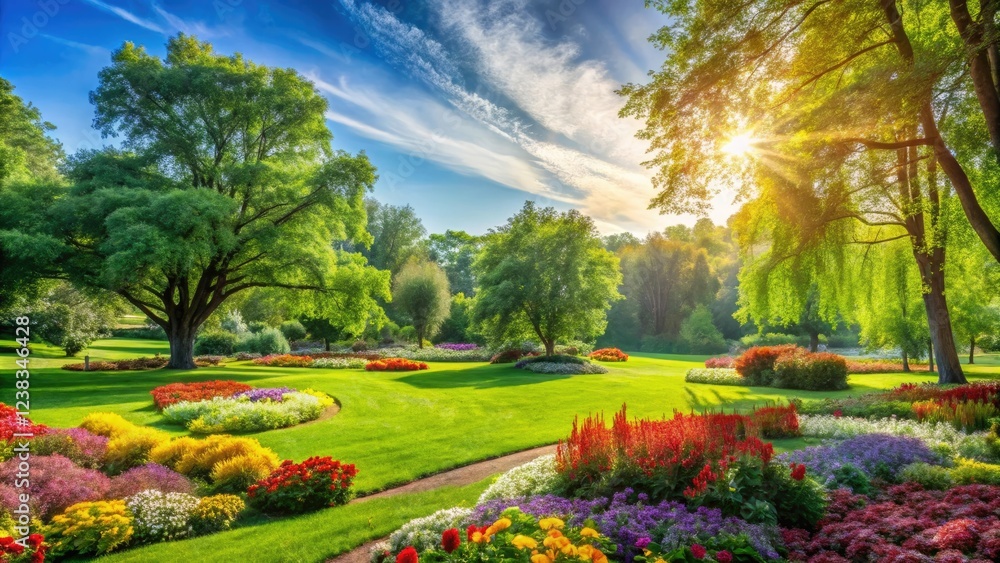 Sunny park landscape with lush green trees and colorful flowers on a warm summer day, idyllic, outdoor scenery, nature Sunny park landscape with lush green trees and colorful flowers on a warm summer day, idyllic, outdoor scenery, nature