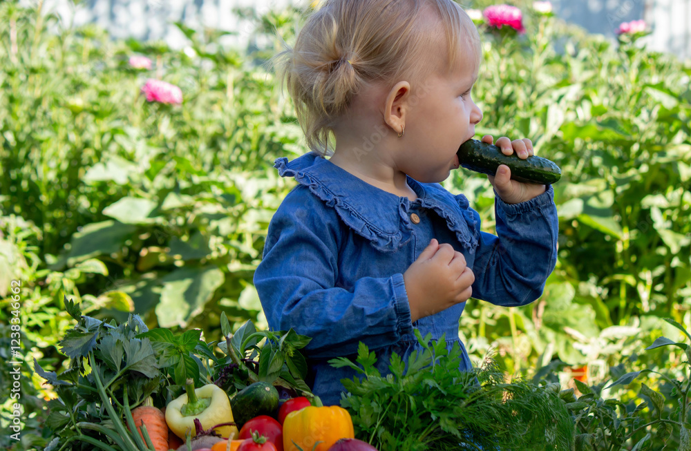 Little Girl Harvesting Fresh Vegetables in the Garden Little Girl Harvesting Fresh Vegetables in the Garden
